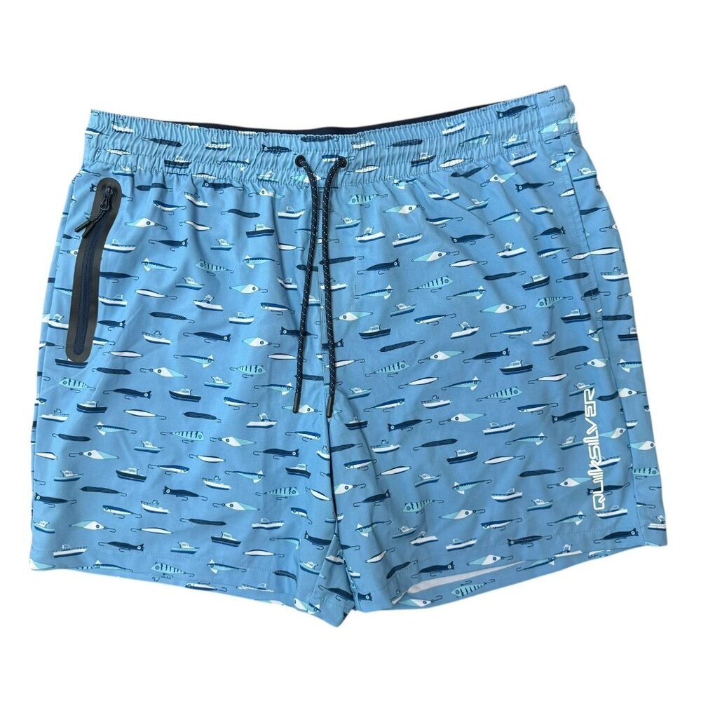 NWOT Quicksilver Board Shorts Mens XL Swim Trunks AOP Fishing Lures Blue Lined